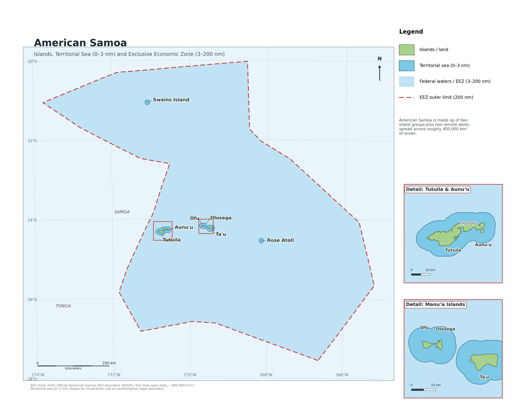 Map of American Samoa showing the islands, the territorial sea extending 3 nautical miles from shore, and the Exclusive Economic Zone extending from 3 to 200 nautical miles, with detail views of Tutuila and the Manu'a Islands