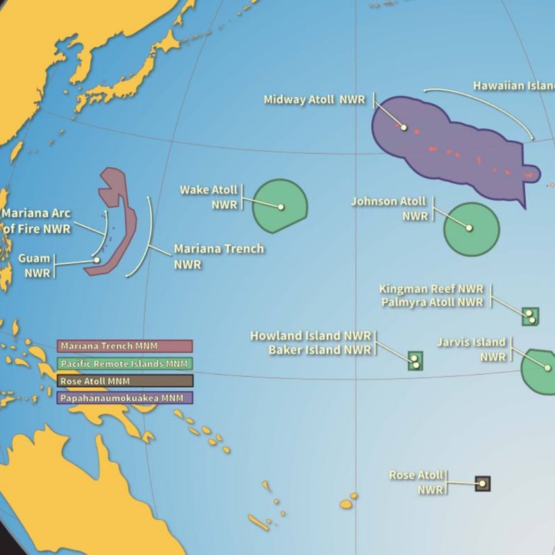 Map of marine national monuments and national wildlife refuges across the Pacific