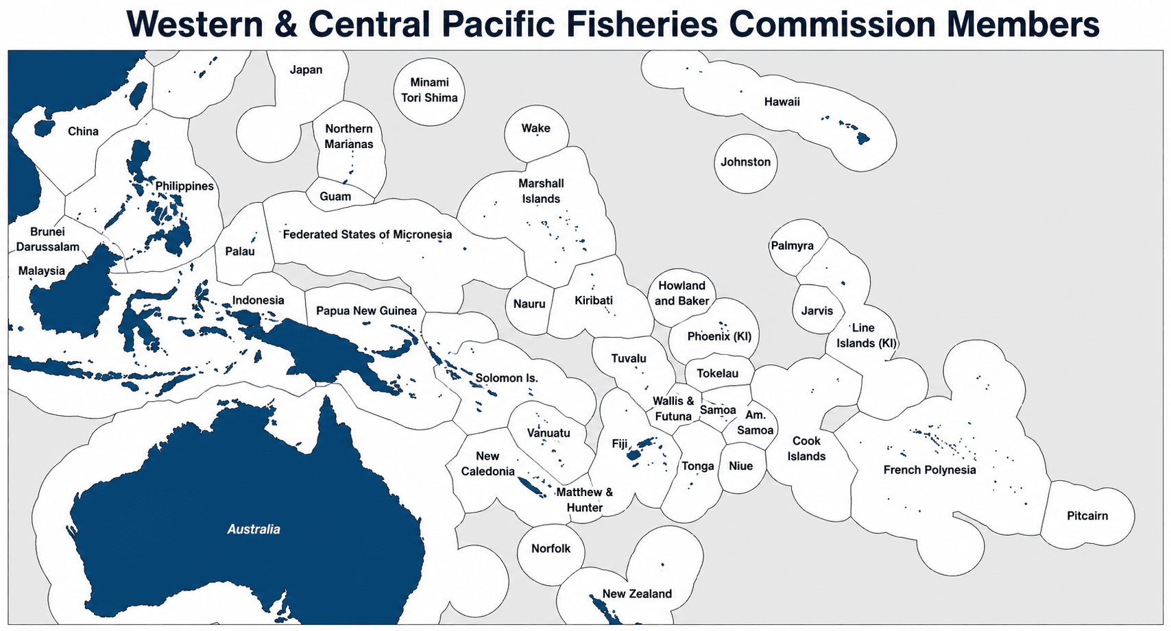 Map of the Pacific Ocean showing the Exclusive Economic Zones of Western and Central Pacific Fisheries Commission members, from Southeast Asia and Australia across the Pacific island nations and territories to French Polynesia and Pitcairn